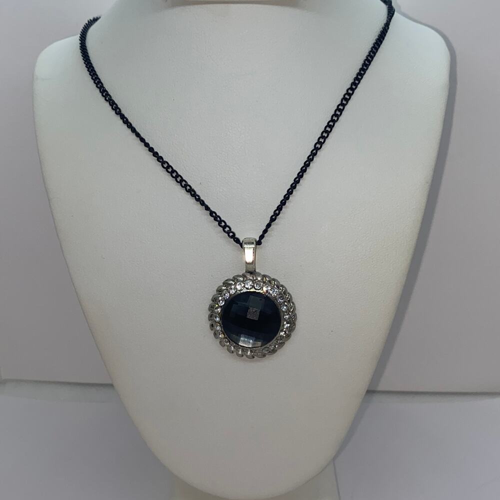 Silver-Tone Texture Blue Rhinestone Black Necklace